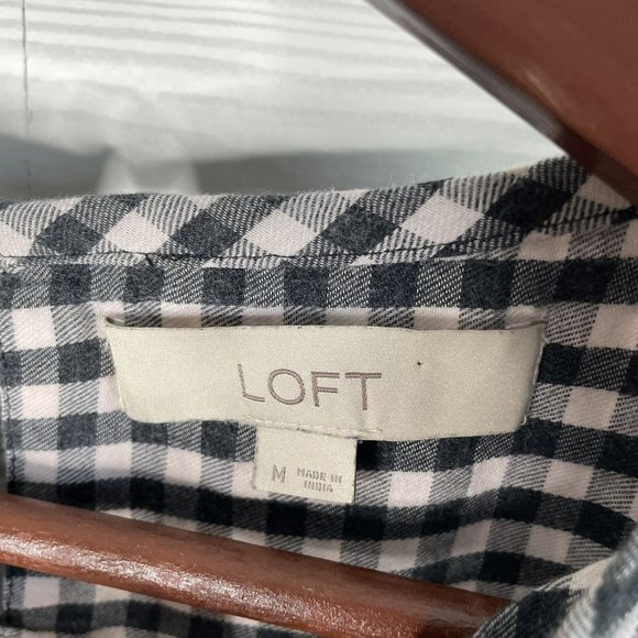 Loft Gray Cream Gingham Plaid Keyhole Long Slv Light Flannel Blouse Top Medium - Picture 3 of 7